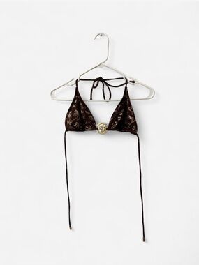 Vintage Brown Apple Bottom Monogram Printed Triangle Bikini Top with Gold Accent